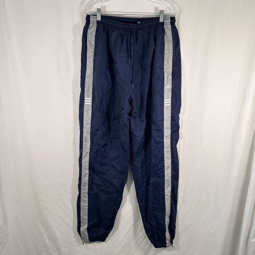 adidas Jogger Pants Men's Medium Blue Grey Striped Pull On Elastic Waist Pockets